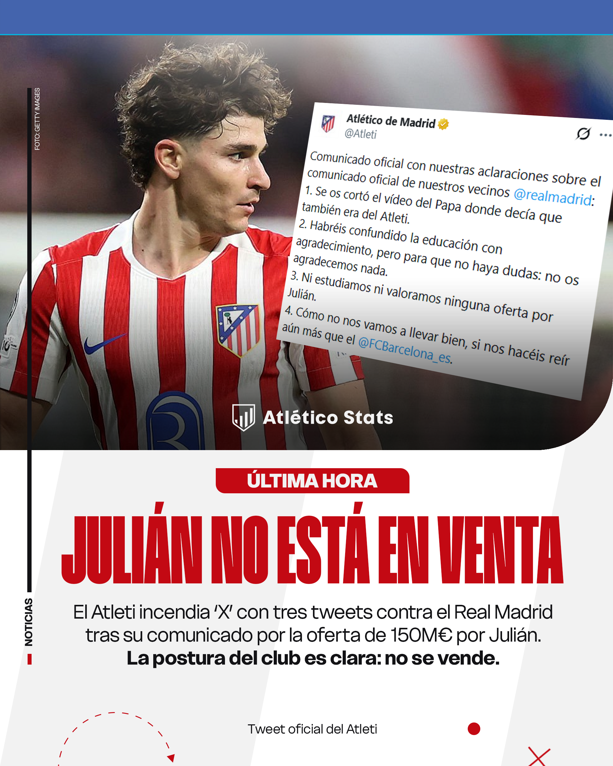 El Atleti dice 'no' a 150M€ del Real Madrid por Julián Álvarez