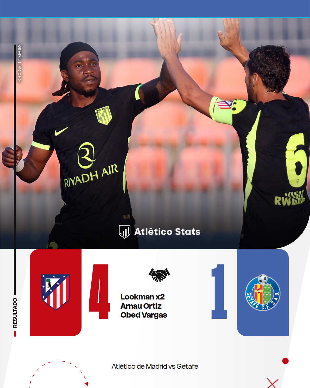 El Atlético de Madrid arranca la pretemporada 26/27 goleando al Getafe (4-1). Doblete de Lookman, debut de Hjulmand y golazos de Arnau Ortiz y Obed Vargas.