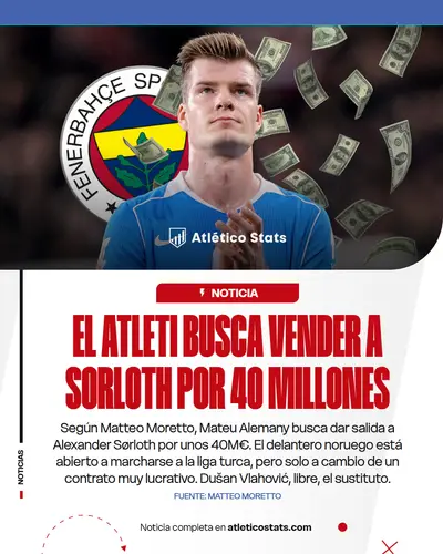 El Atlético de Madrid valora vender a Alexander Sørloth a Turquía por 40M€. Dušan Vlahović es el elegido por Mateu Alemany para sustituirle.  