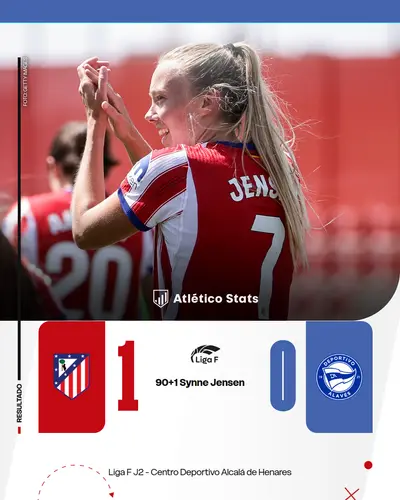 El Atlético Femenino vence al Alavés (1-0) con un gol de Synne Jensen en el 90'. Las rojiblancas perdonaron un penalti y sufrieron hasta el final.